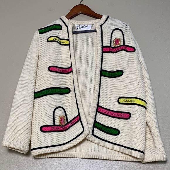 Ethel of Beverly Hills Sweaters - Ethel of Beverly Hills Travel Novelty Cardigan Wool Sweater Cream Women's M
